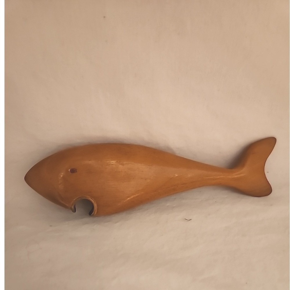 Vintage Hand Carved Wooden Fish Bottle Opener Mid Century Modern Barware 7 Inch